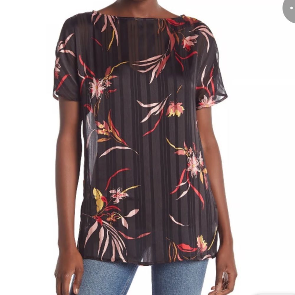 NWT 14th & Union Womens Popover Tunic‎ Black and Floral Small Top